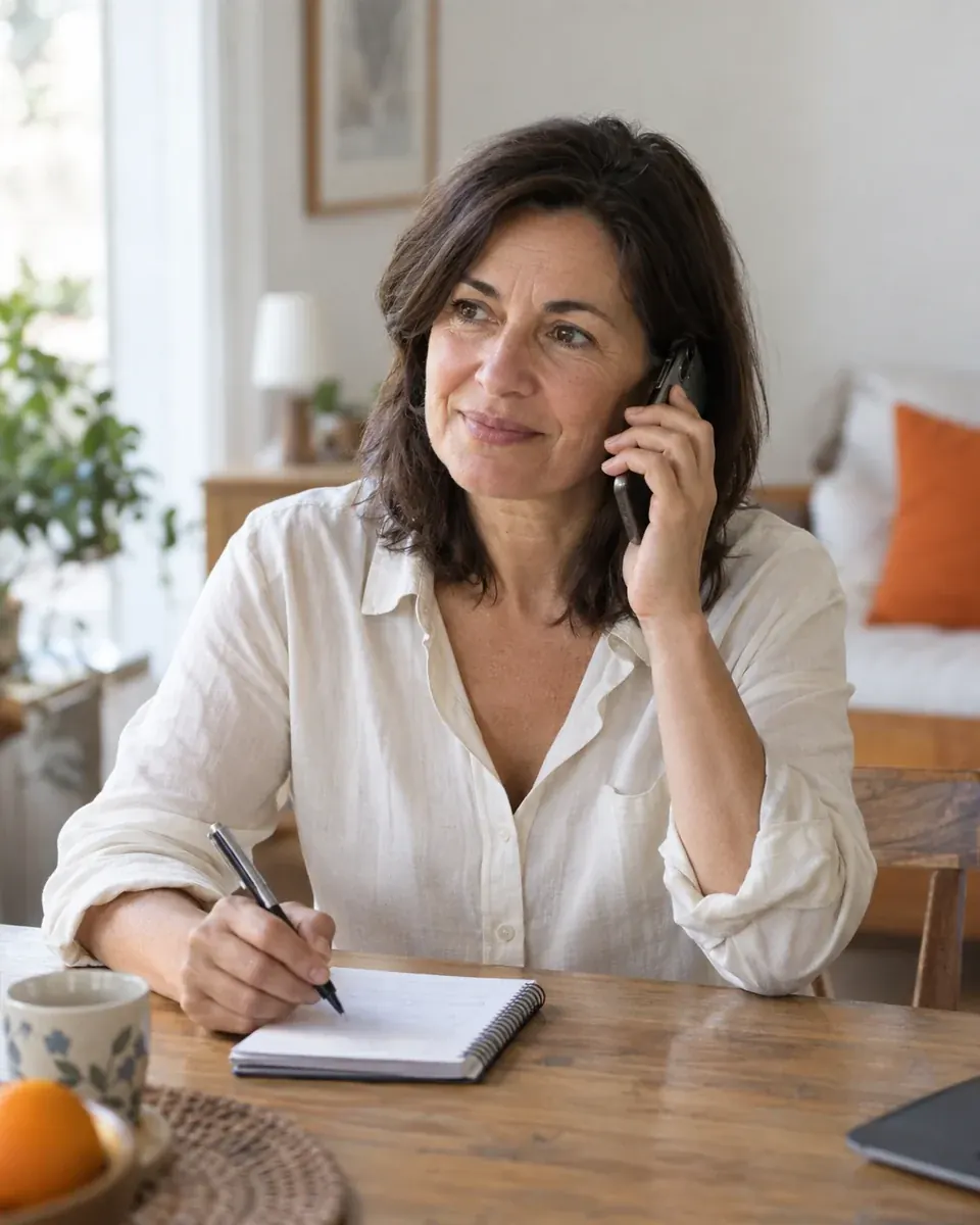 Une aidante échange au téléphone et prend des notes