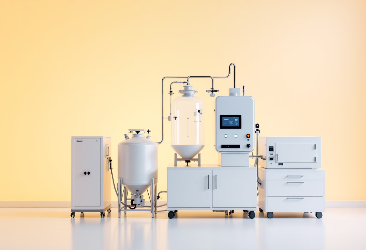 Industrial white laboratory equipment including a control panel, connected tanks, and a cabinet on wheels against a pale yellow background.