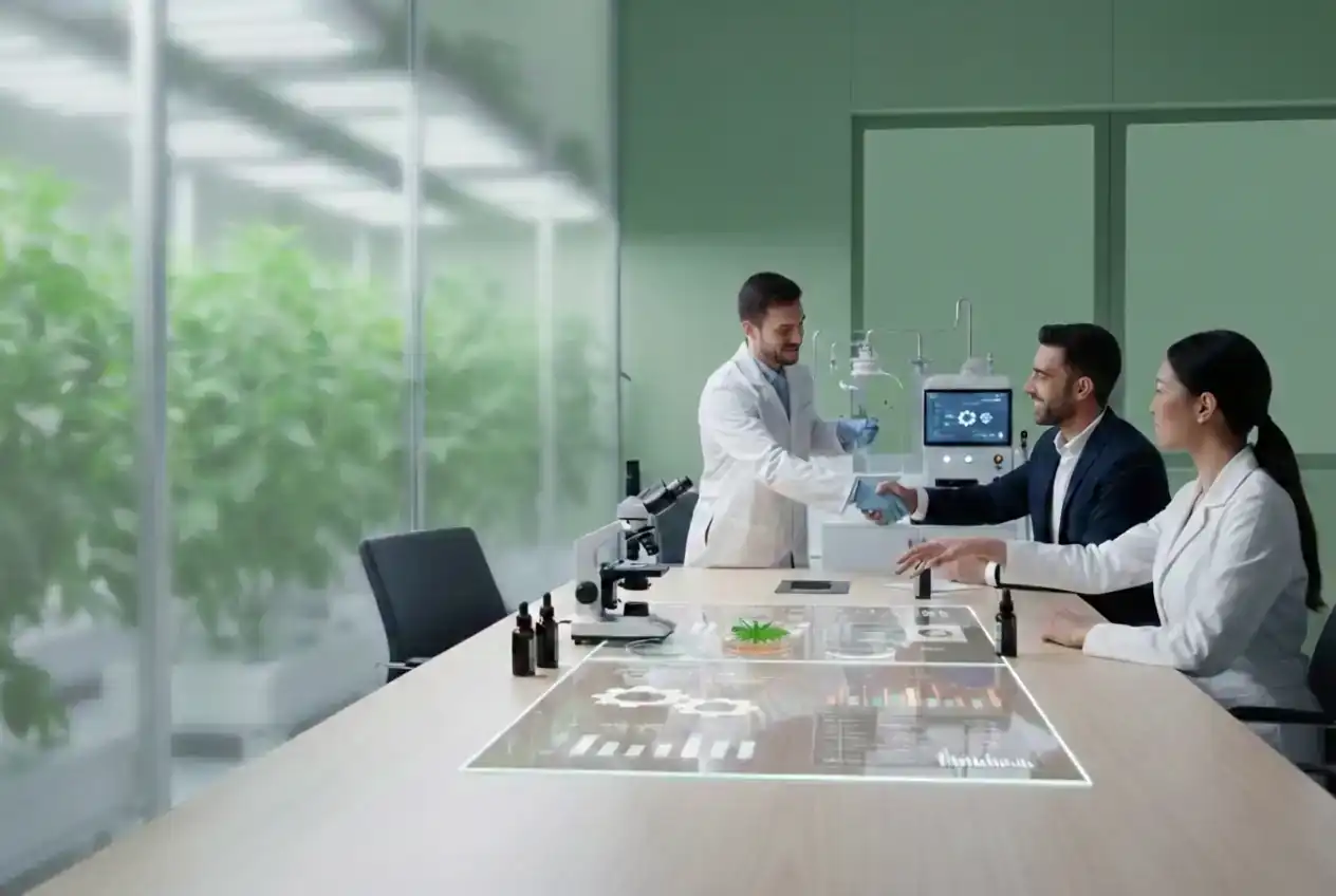 Three professionals, two in lab coats and one in a suit, shaking hands across a table with scientific equipment and holographic data overlays.