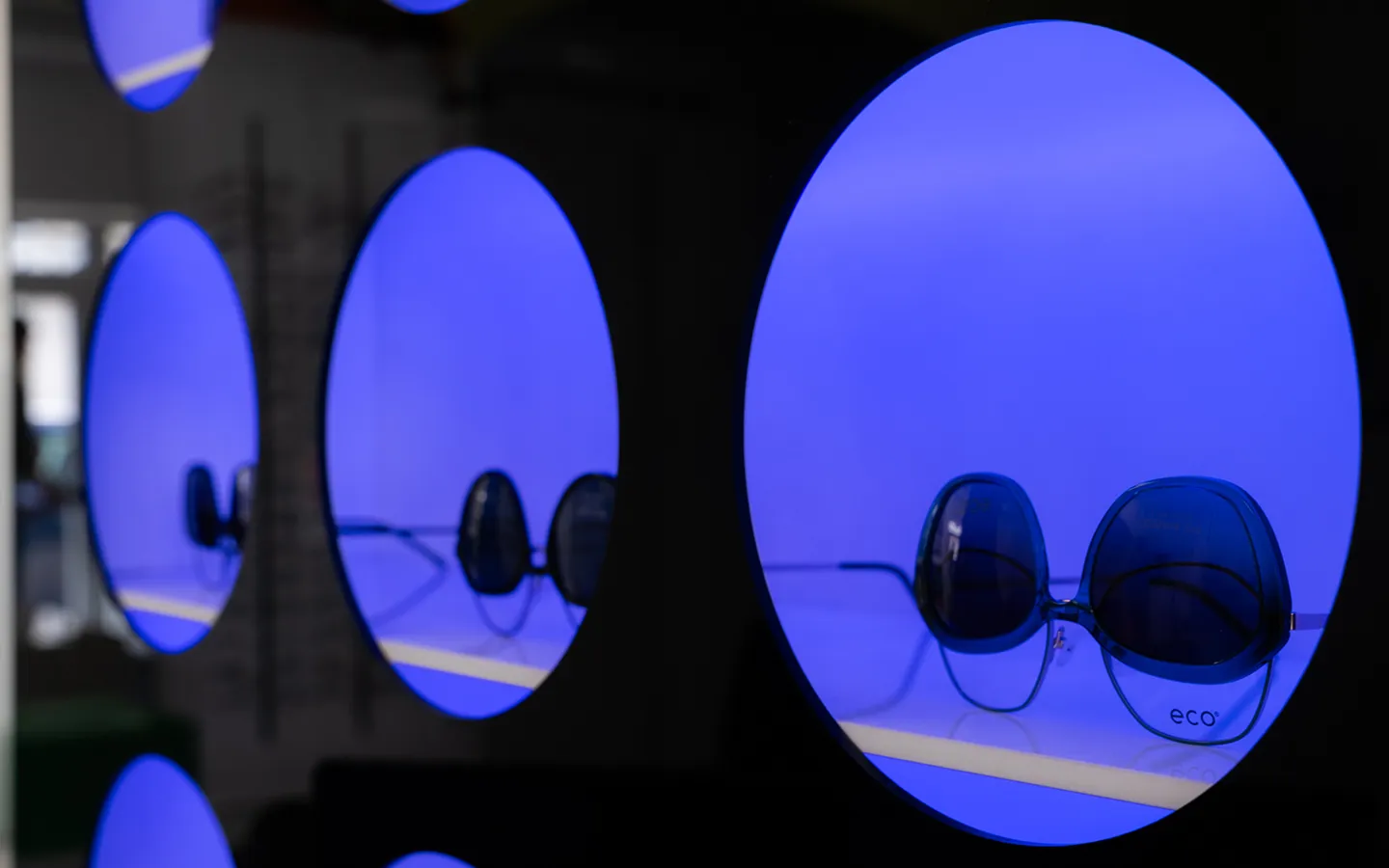 Modern eyewear display with eco-friendly sustainable glasses frames at independent opticians