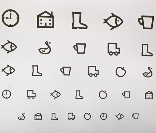 Pediatric vision test chart with picture symbols for children's eye examination at opticians