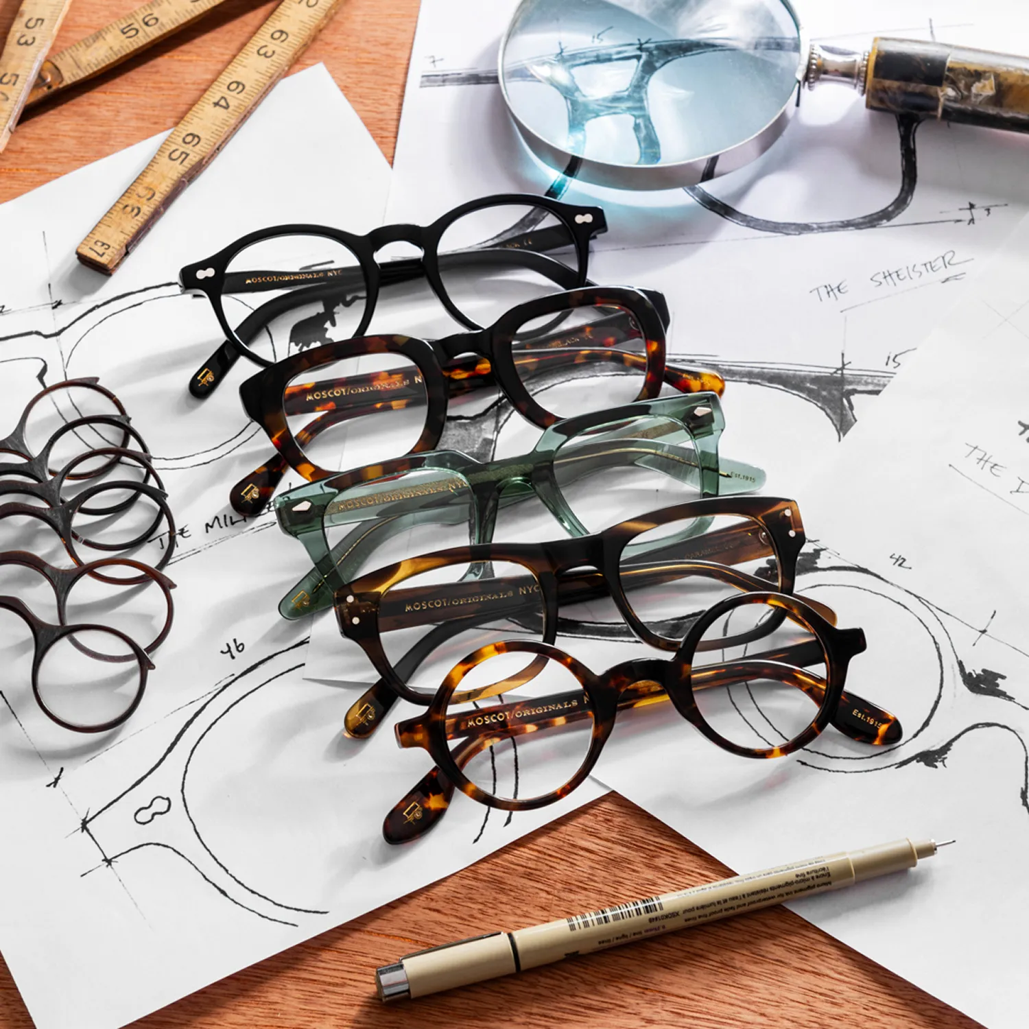 Moscot designer eyeglasses collection featuring handcrafted frames in multiple colorways with quality assurance