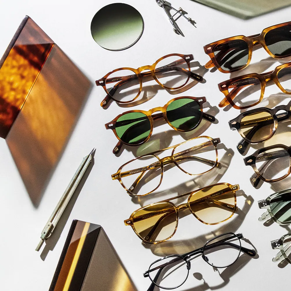 Moscot eyewear collection showcasing prescription glasses and sunglasses with custom lens options