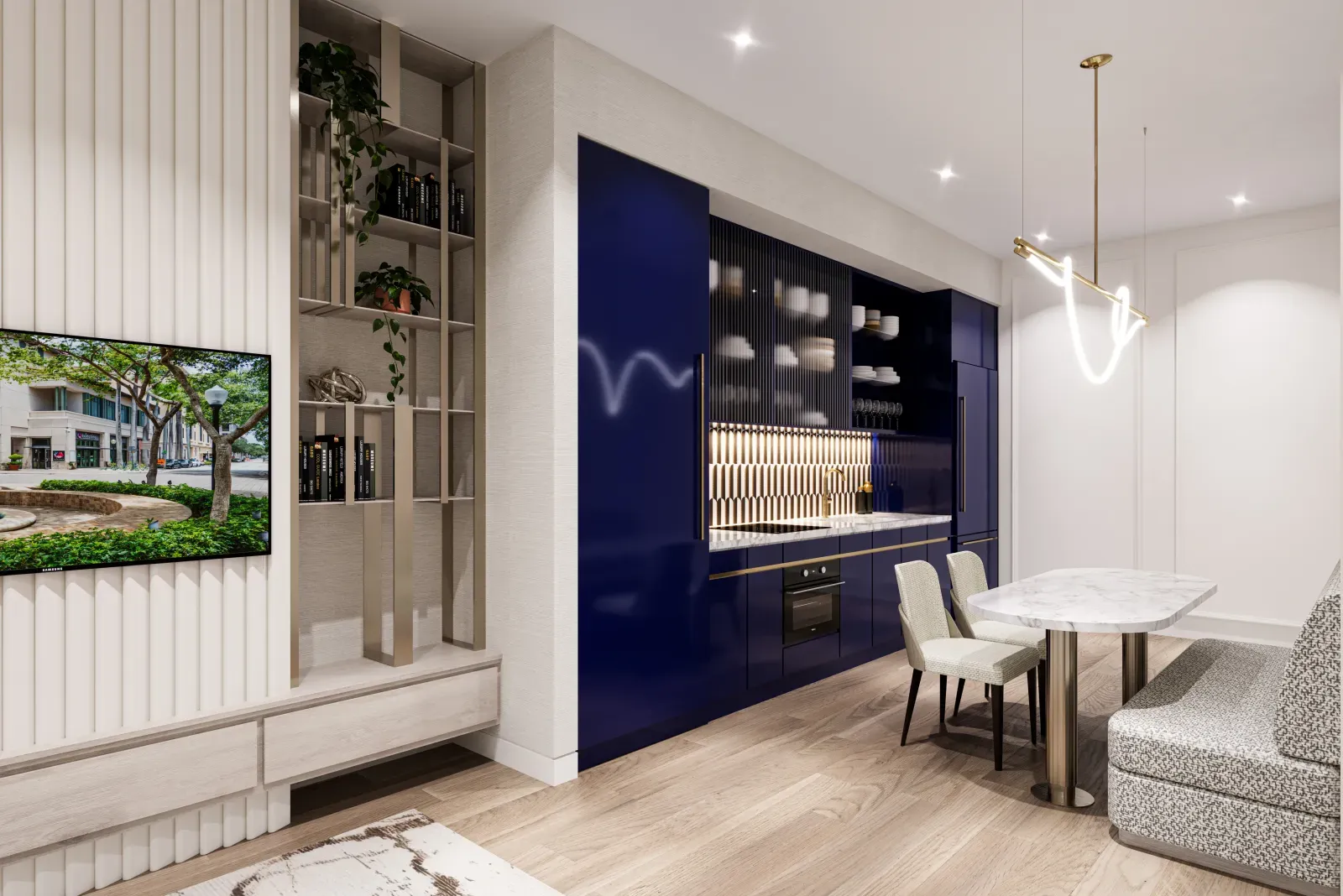Navy lacquered kitchen with checkered backsplash