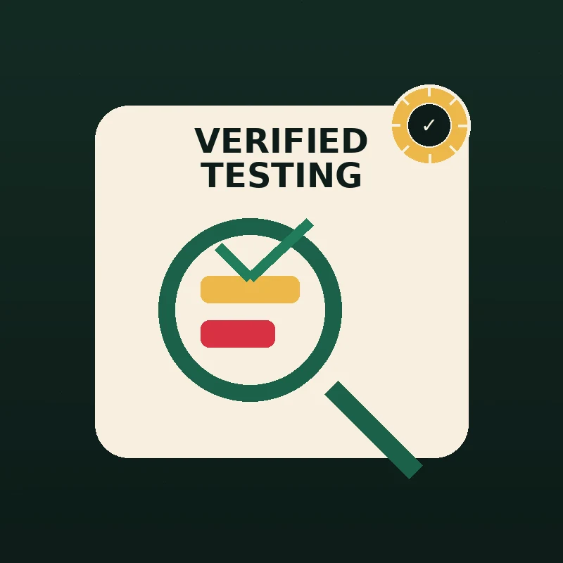 Graphic with text 'Verified Testing', showing a magnifying glass over two colored bars with a checkmark indicating validation.
