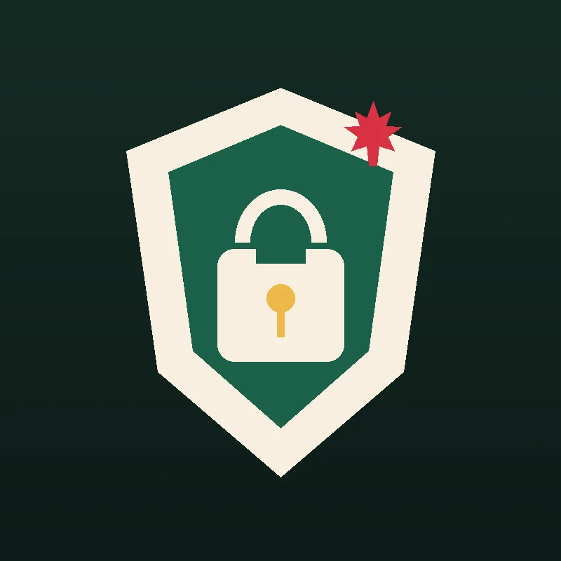 Shield icon with a padlock in the center and a red starburst symbol on the upper right corner representing security.