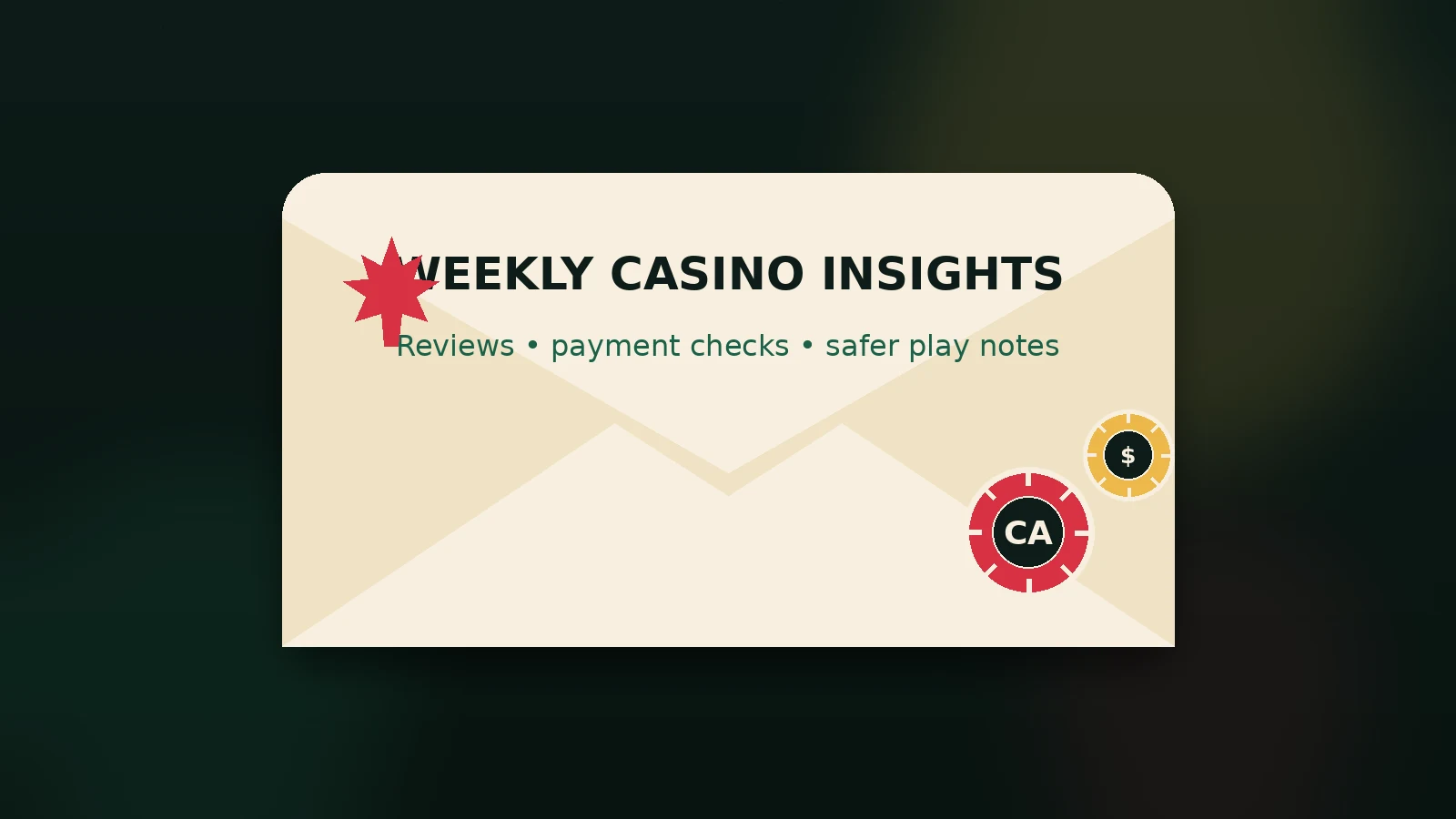 Envelope graphic with text Weekly Casino Insights and bullet points Reviews, payment checks, safer play notes, with casino chips labeled CA and dollar sign.