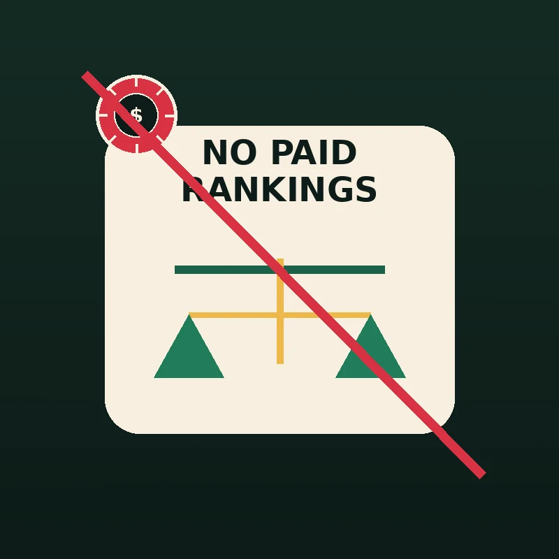 Icon with text 'NO PAID RANKINGS' above a balance scale, crossed by a red diagonal line through a dollar symbol.
