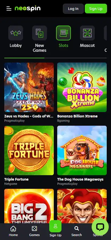 Casino games lobby screenshot