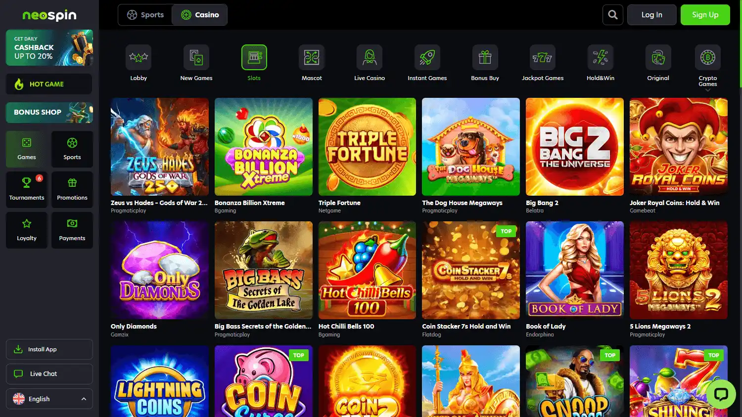 Casino homepage screenshot