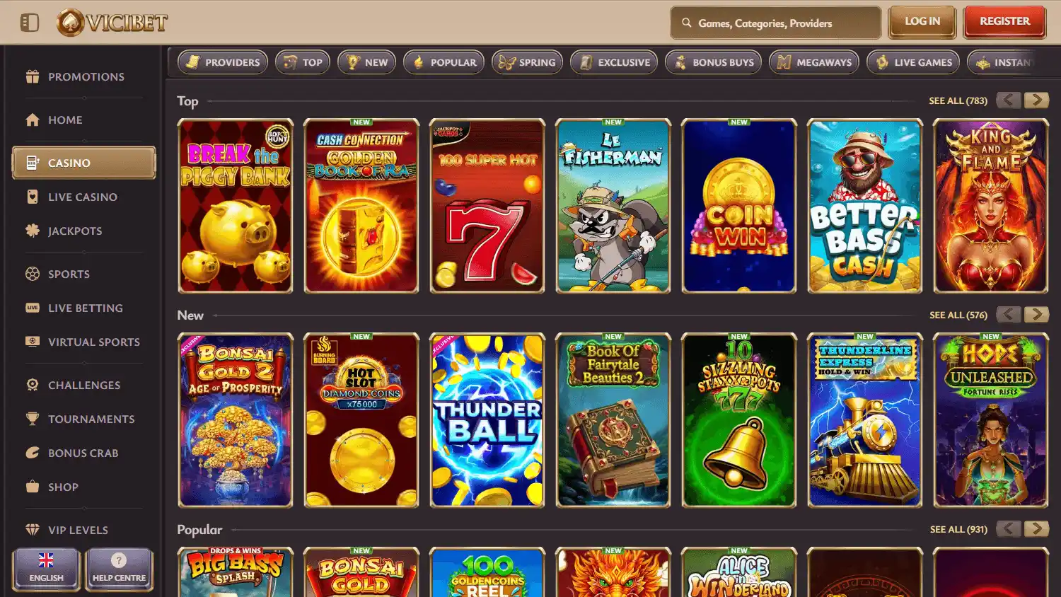 Casino homepage screenshot