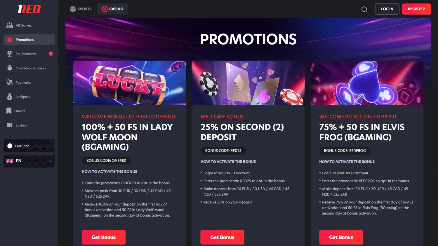 Casino games lobby screenshot