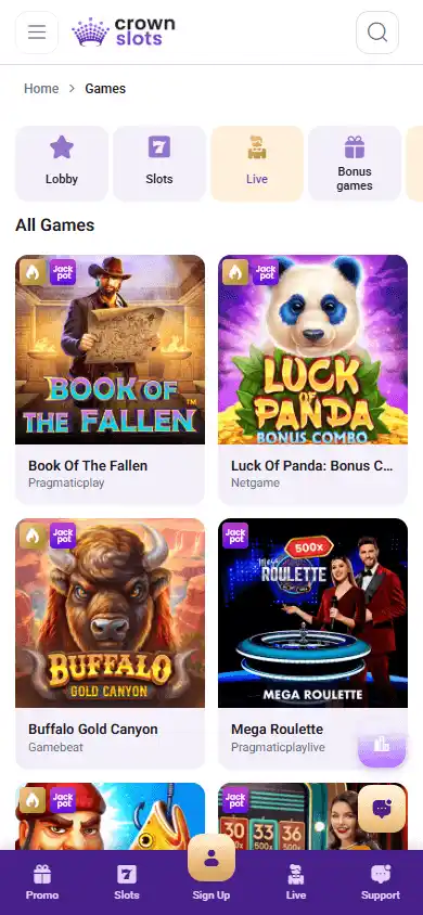 Casino games lobby screenshot