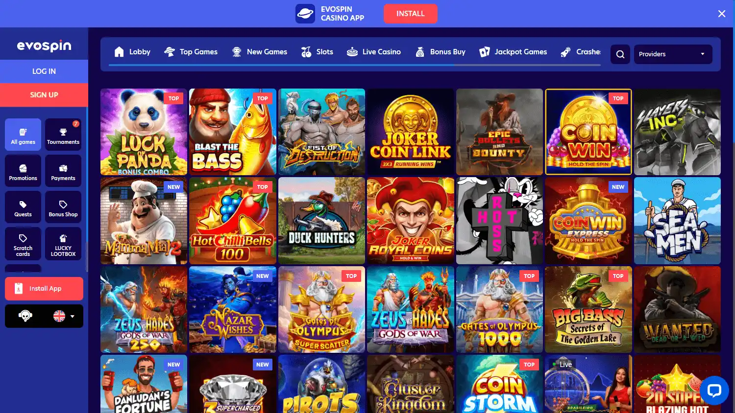 Casino homepage screenshot