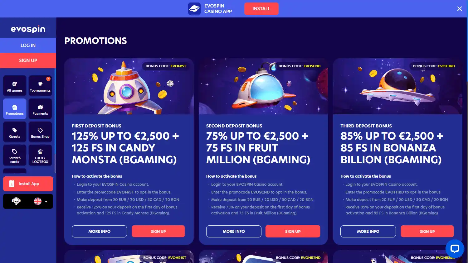 Casino games lobby screenshot