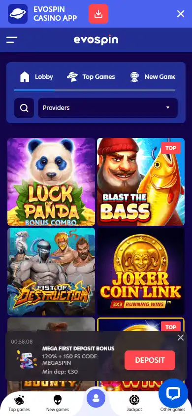 Casino games lobby screenshot