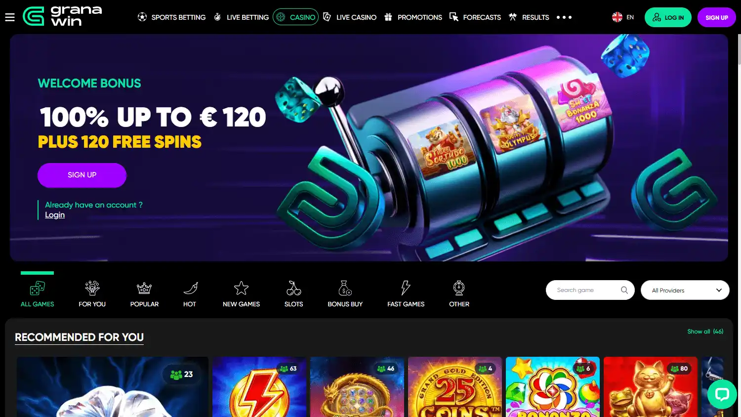 Casino homepage screenshot