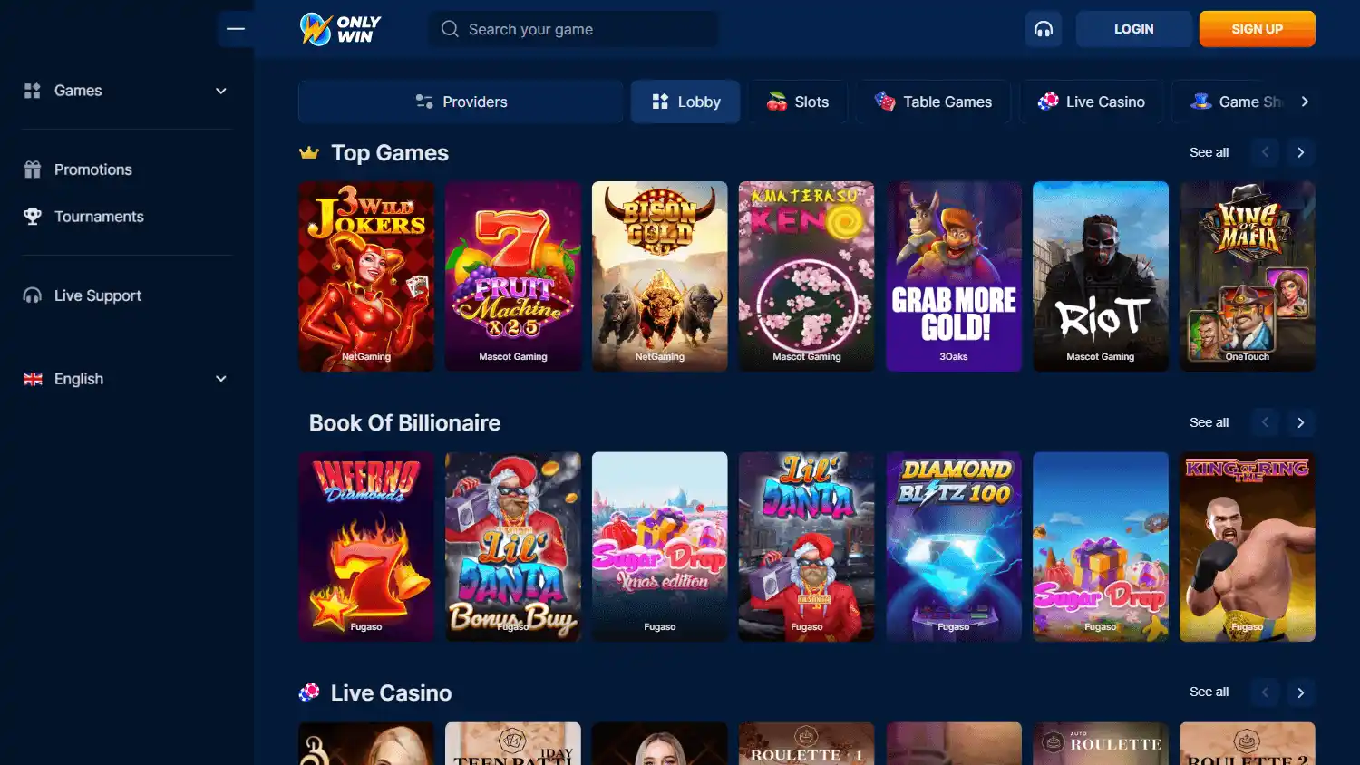 Casino homepage screenshot