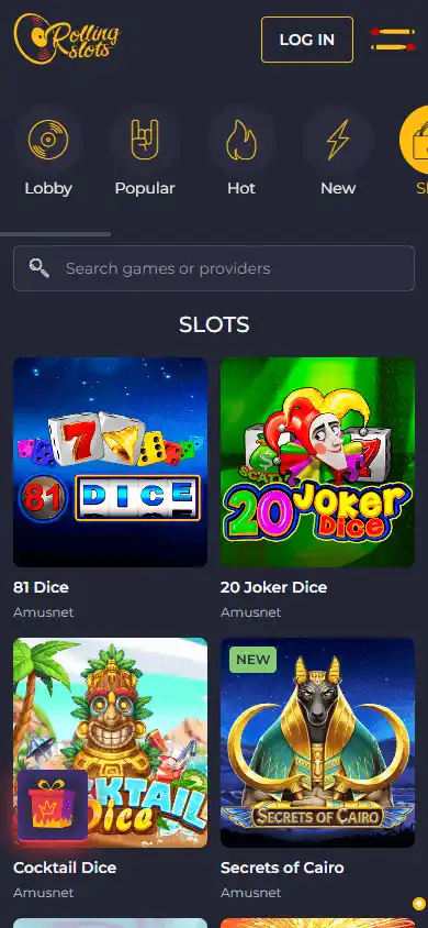 Casino games lobby screenshot