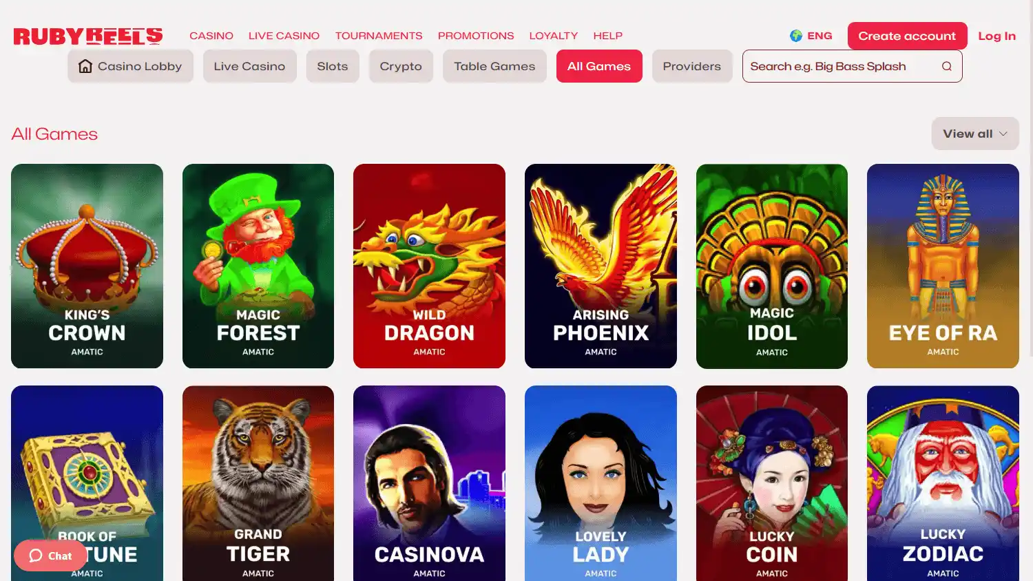 Casino games lobby screenshot