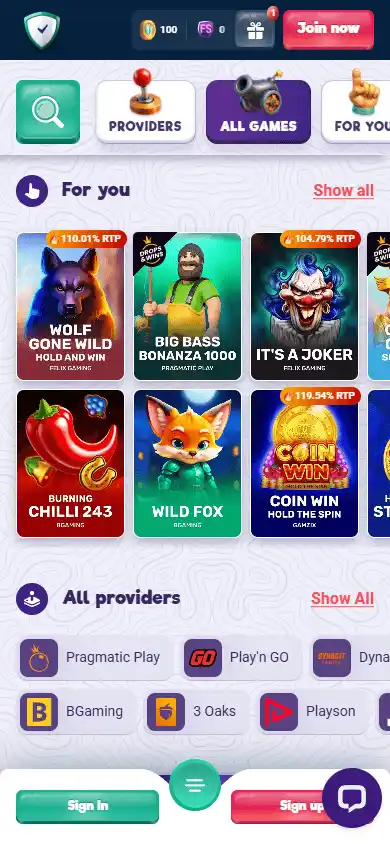 Casino games lobby screenshot