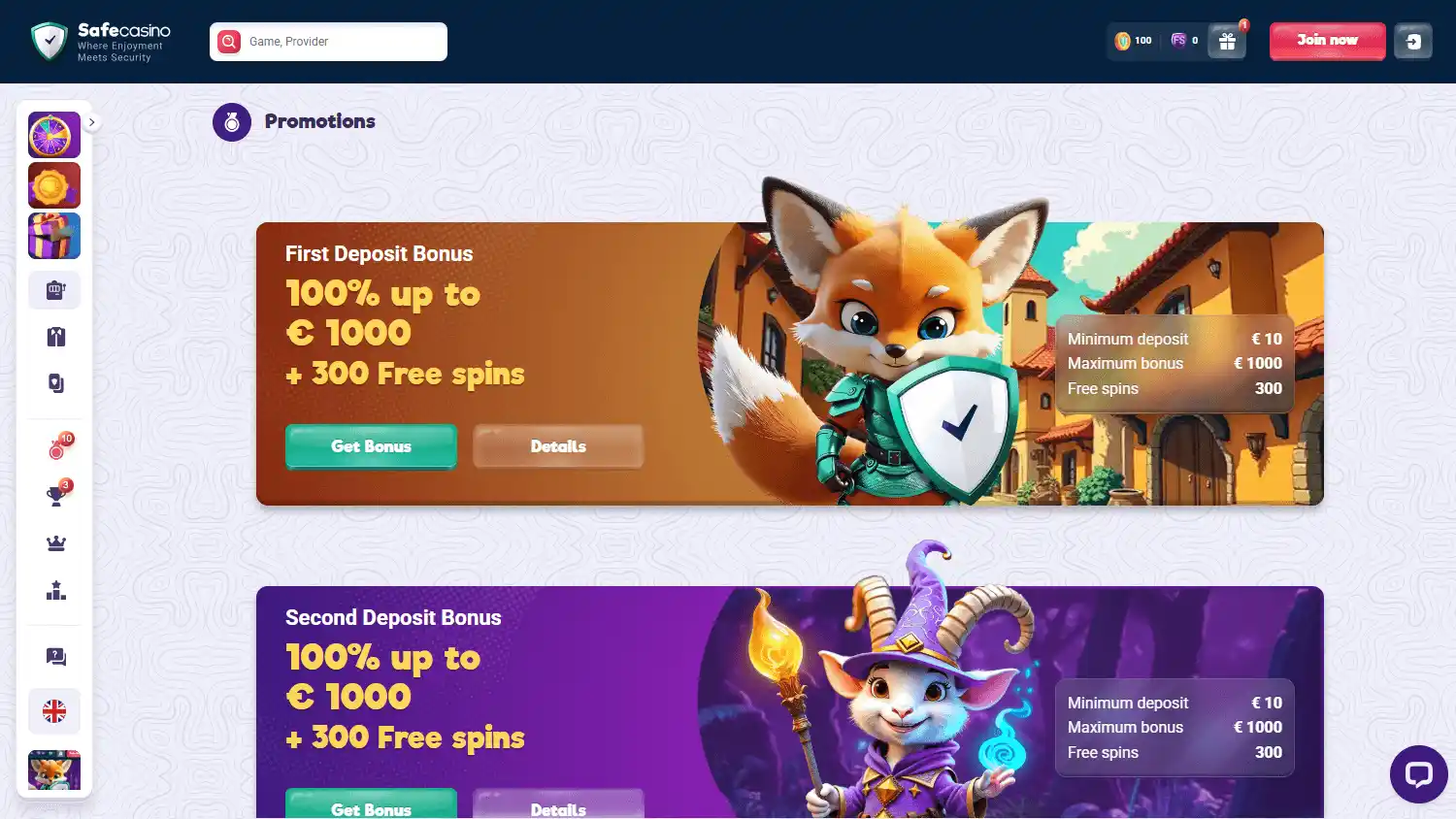 Casino games lobby screenshot
