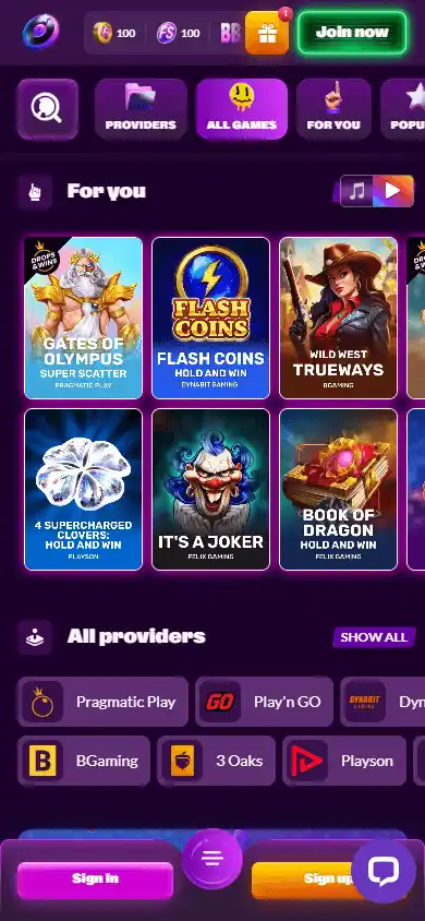 Casino games lobby screenshot