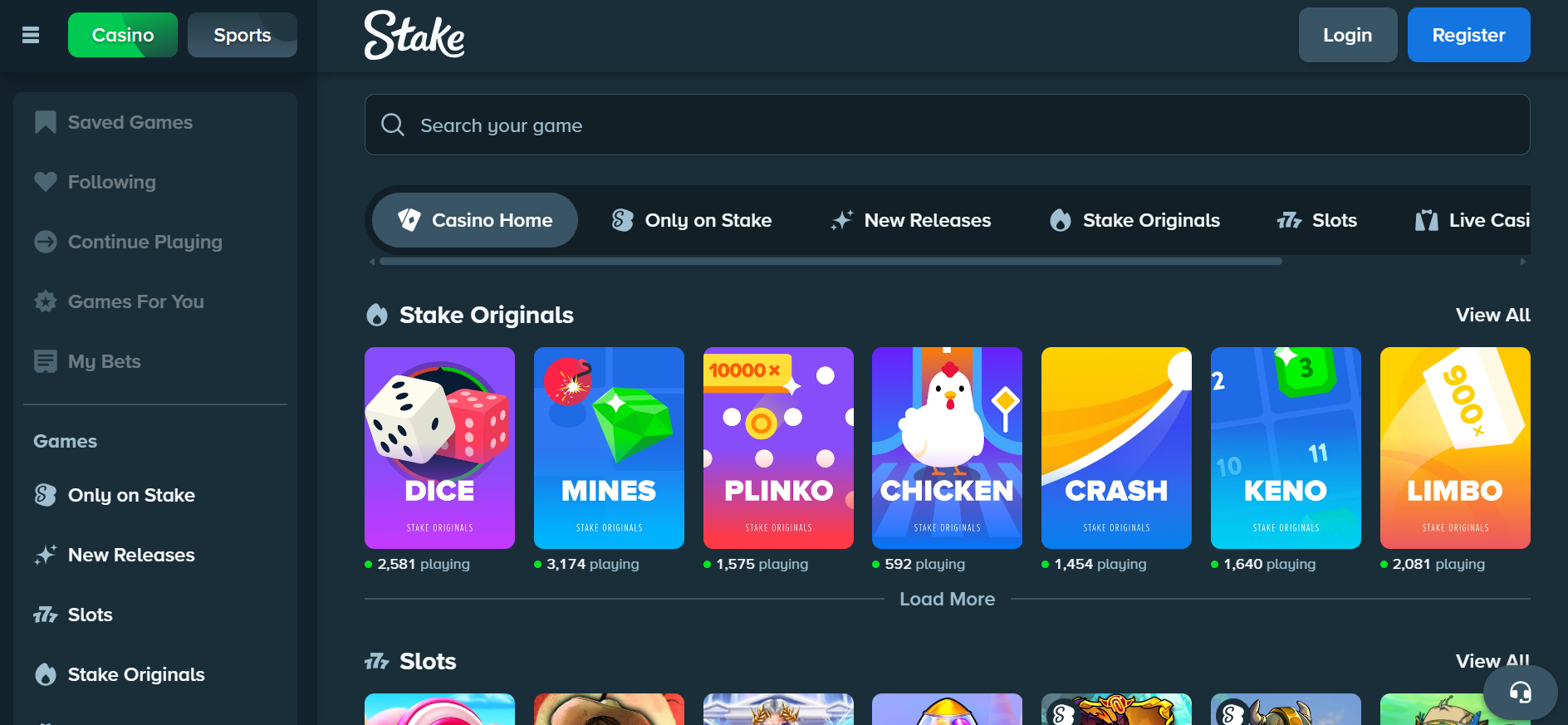 Casino homepage screenshot