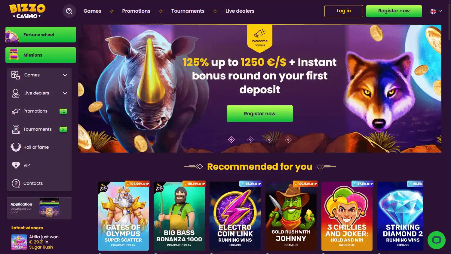 Bizzo Casino Homepage Desktop