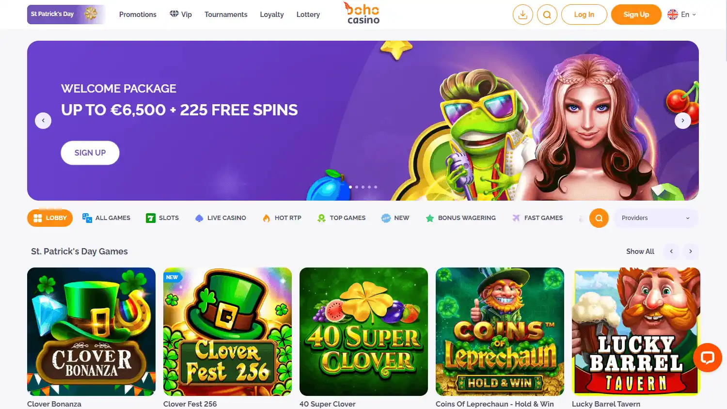 Boho Casino homepage desktop screenshot