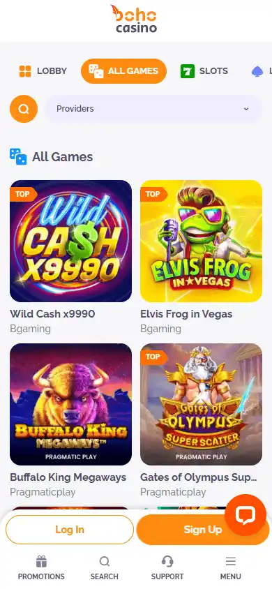 Boho Casino games lobby mobile screenshot