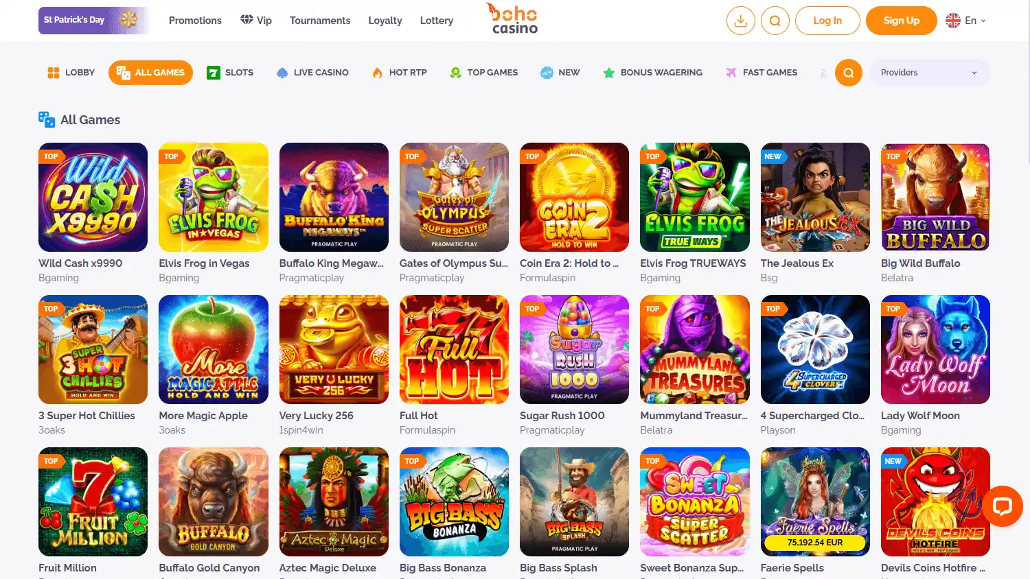 Boho Casino games lobby desktop screenshot