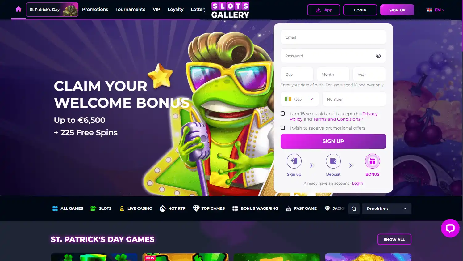 Slots Gallery Casino homepage desktop screenshot