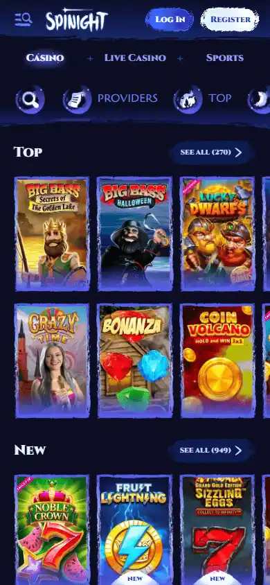SpiNight Casino games lobby mobile screenshot