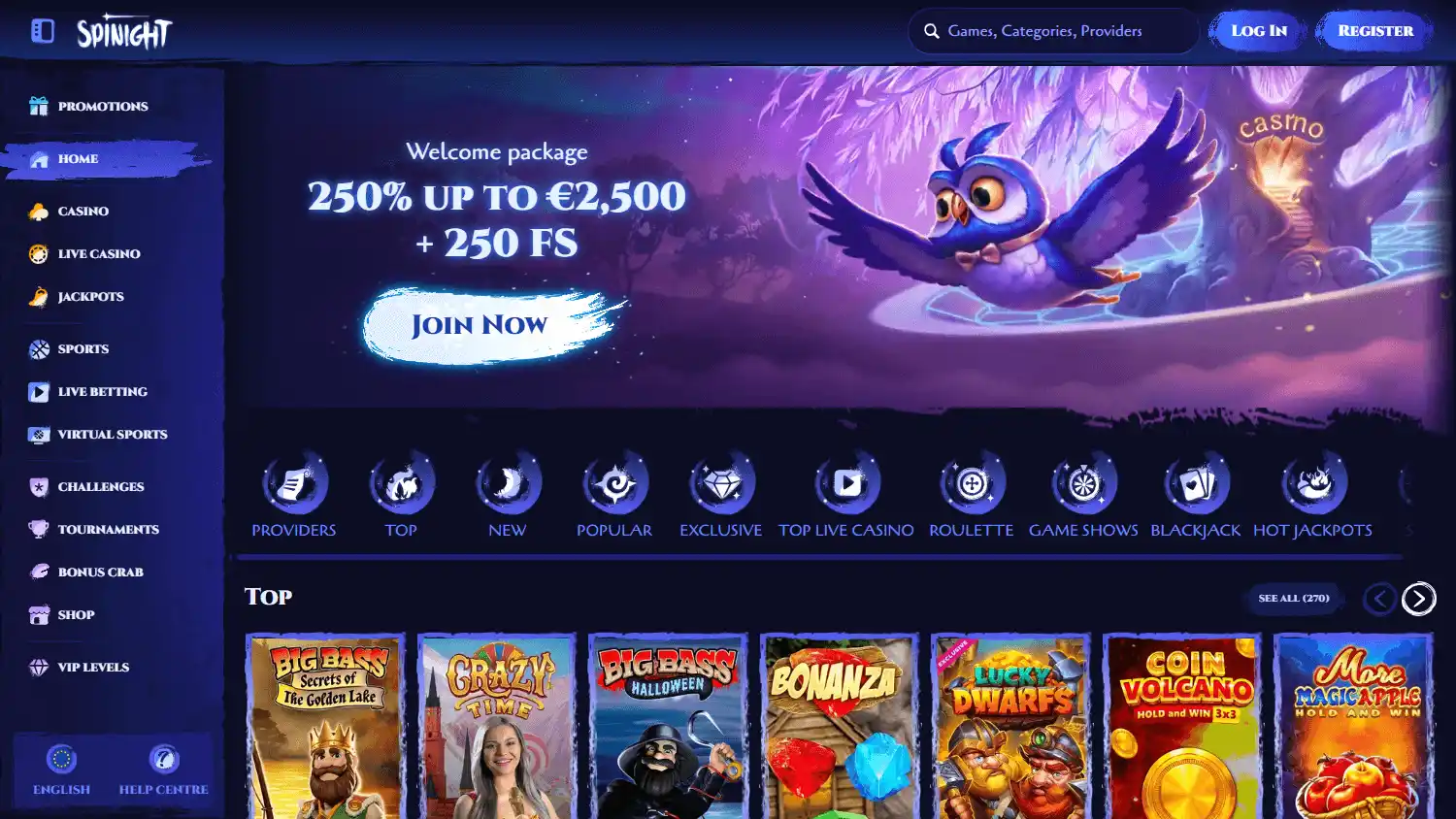 SpiNight Casino homepage desktop screenshot