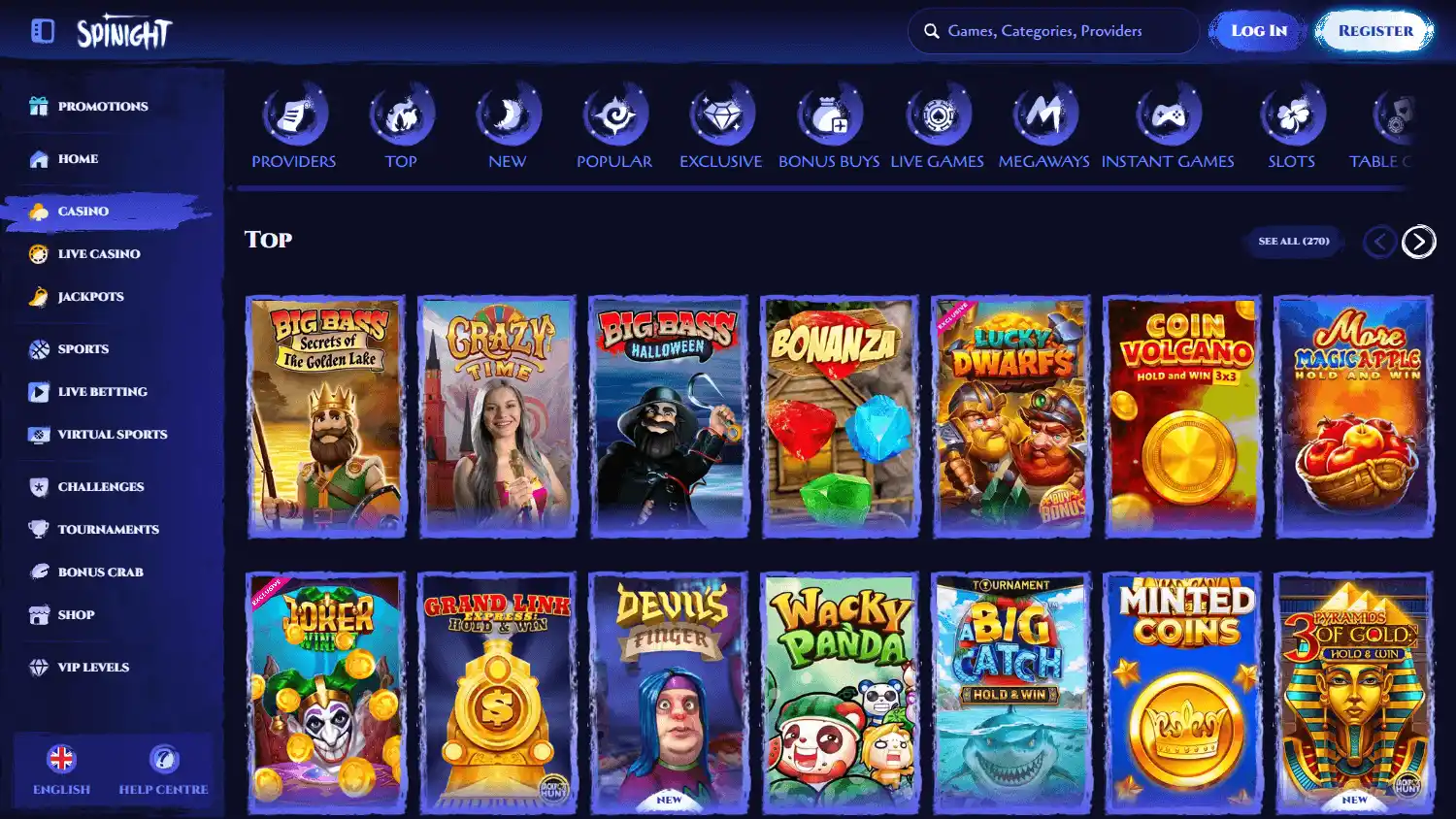 SpiNight Casino games lobby desktop screenshot