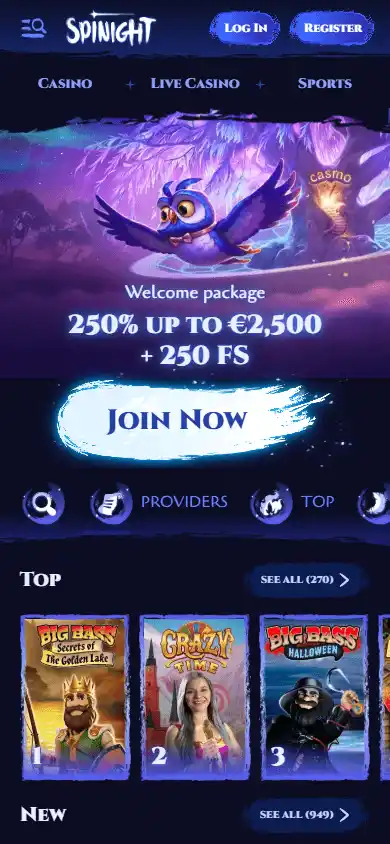 SpiNight Casino homepage mobile screenshot