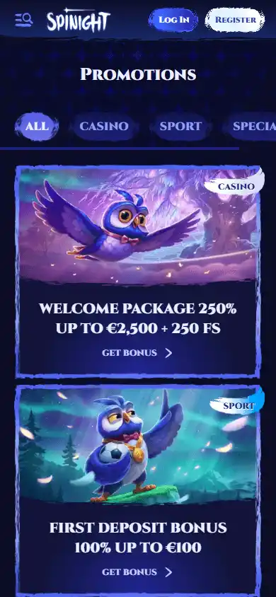 SpiNight Casino promotions mobile screenshot