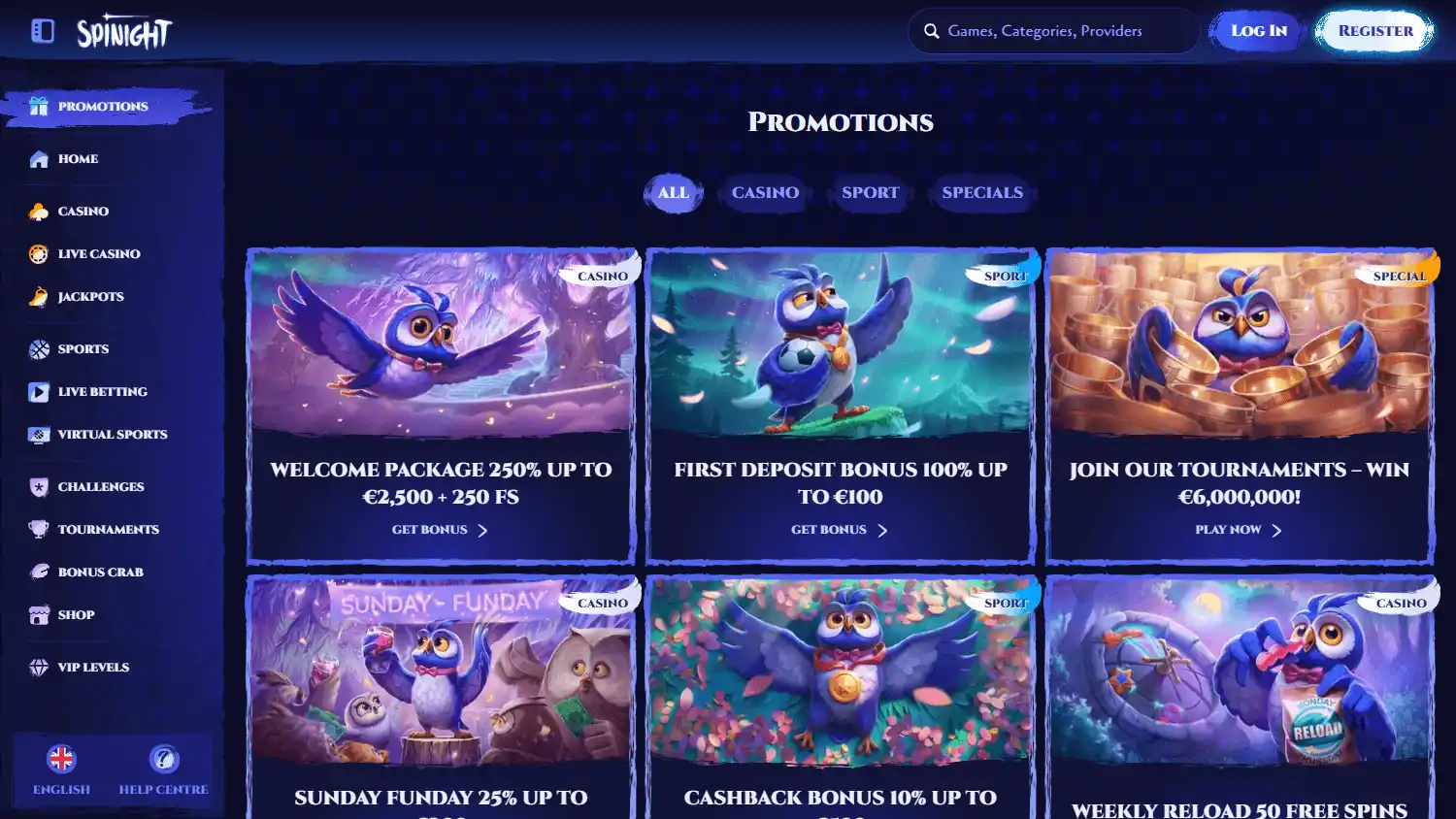 SpiNight Casino promotions desktop screenshot