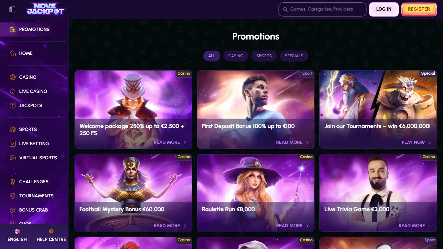 NovaJackpot Casino promotions desktop screenshot