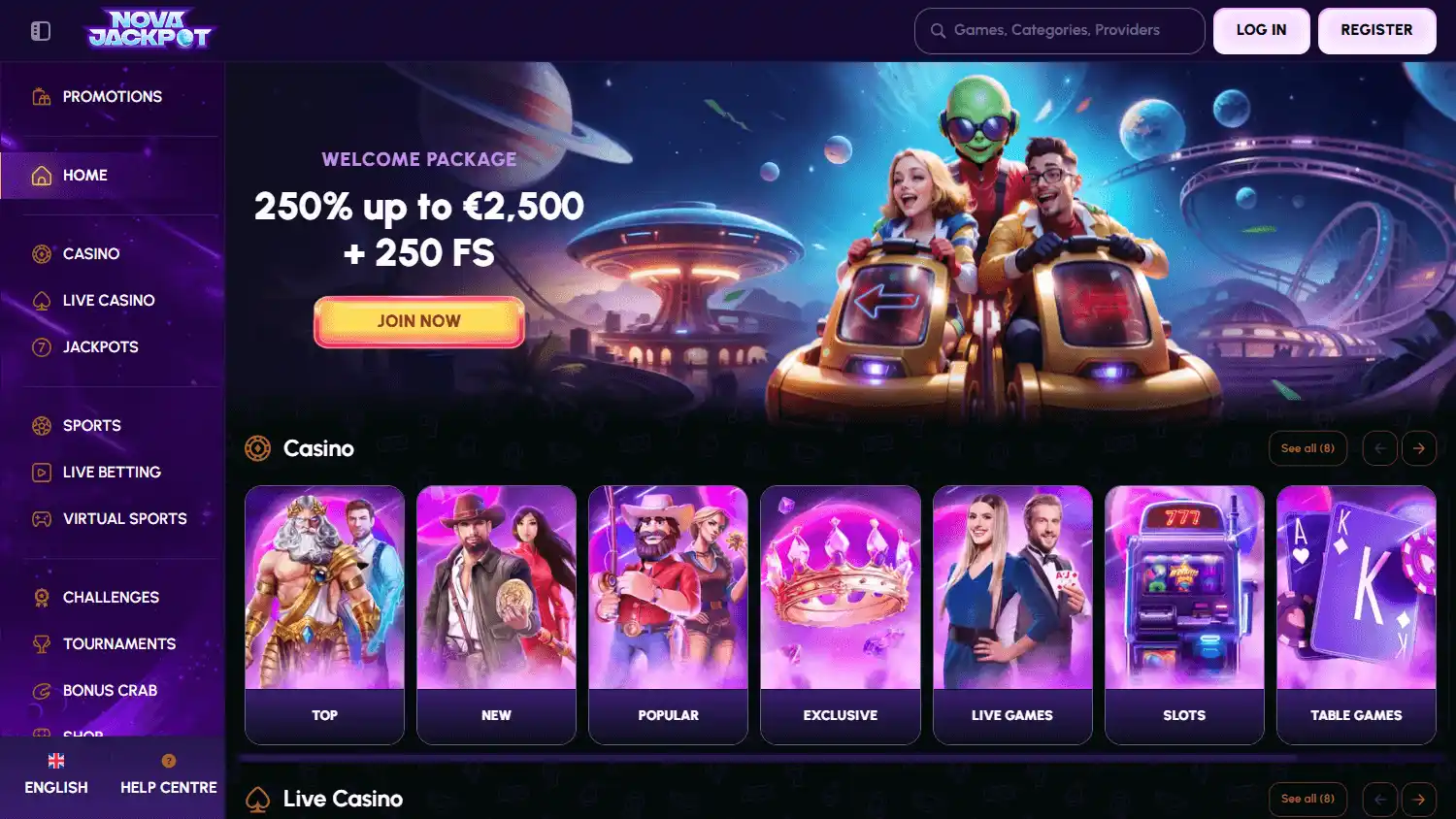 NovaJackpot Casino homepage desktop screenshot