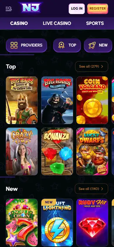 NovaJackpot Casino games lobby mobile screenshot