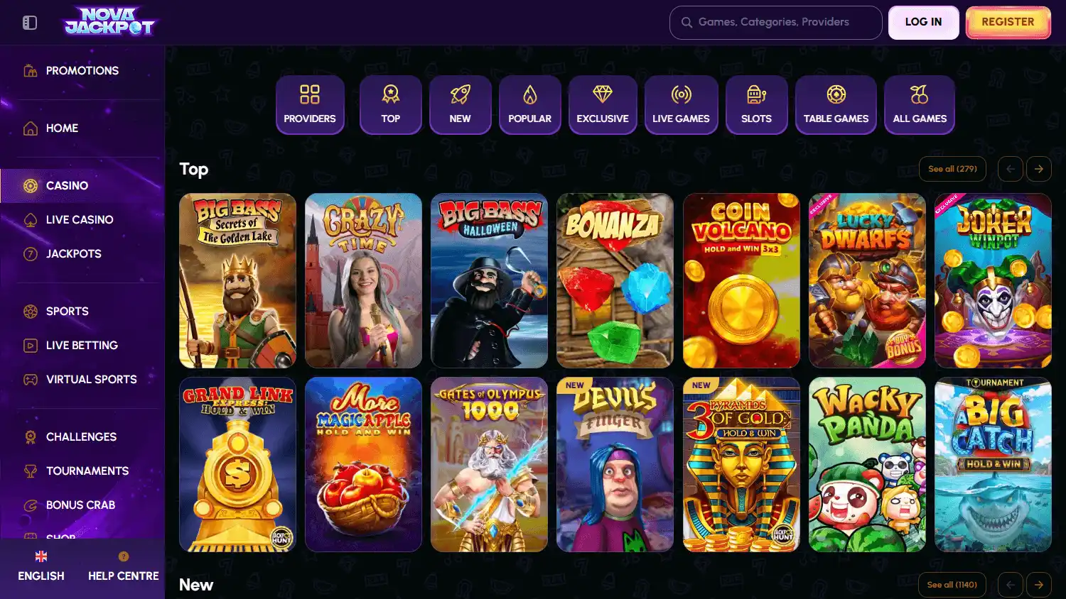 NovaJackpot Casino games lobby desktop screenshot