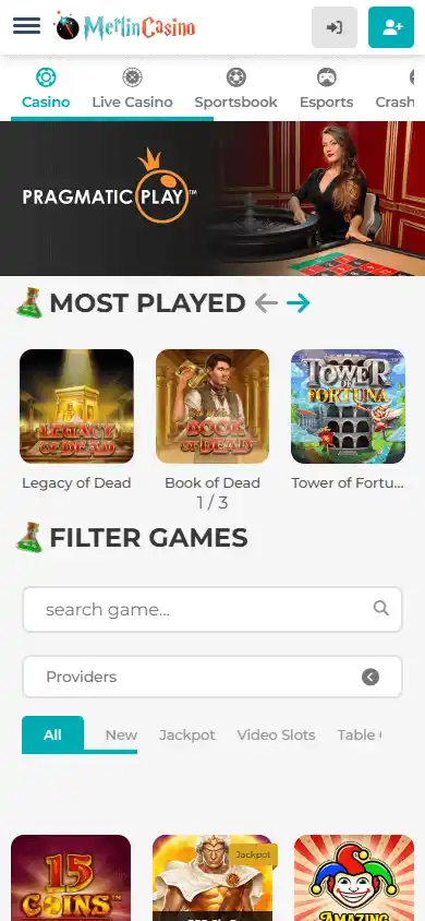 Merlin Casino games lobby mobile screenshot