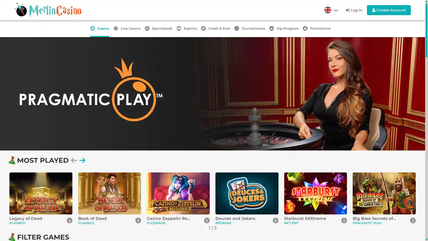 Merlin Casino games lobby desktop screenshot