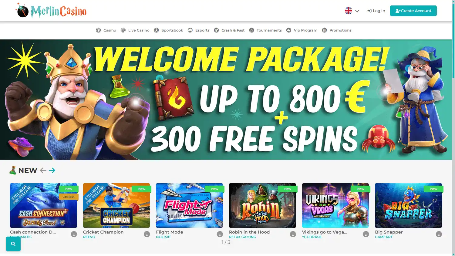 Merlin Casino homepage desktop screenshot