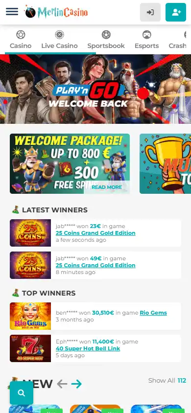 Merlin Casino homepage mobile screenshot