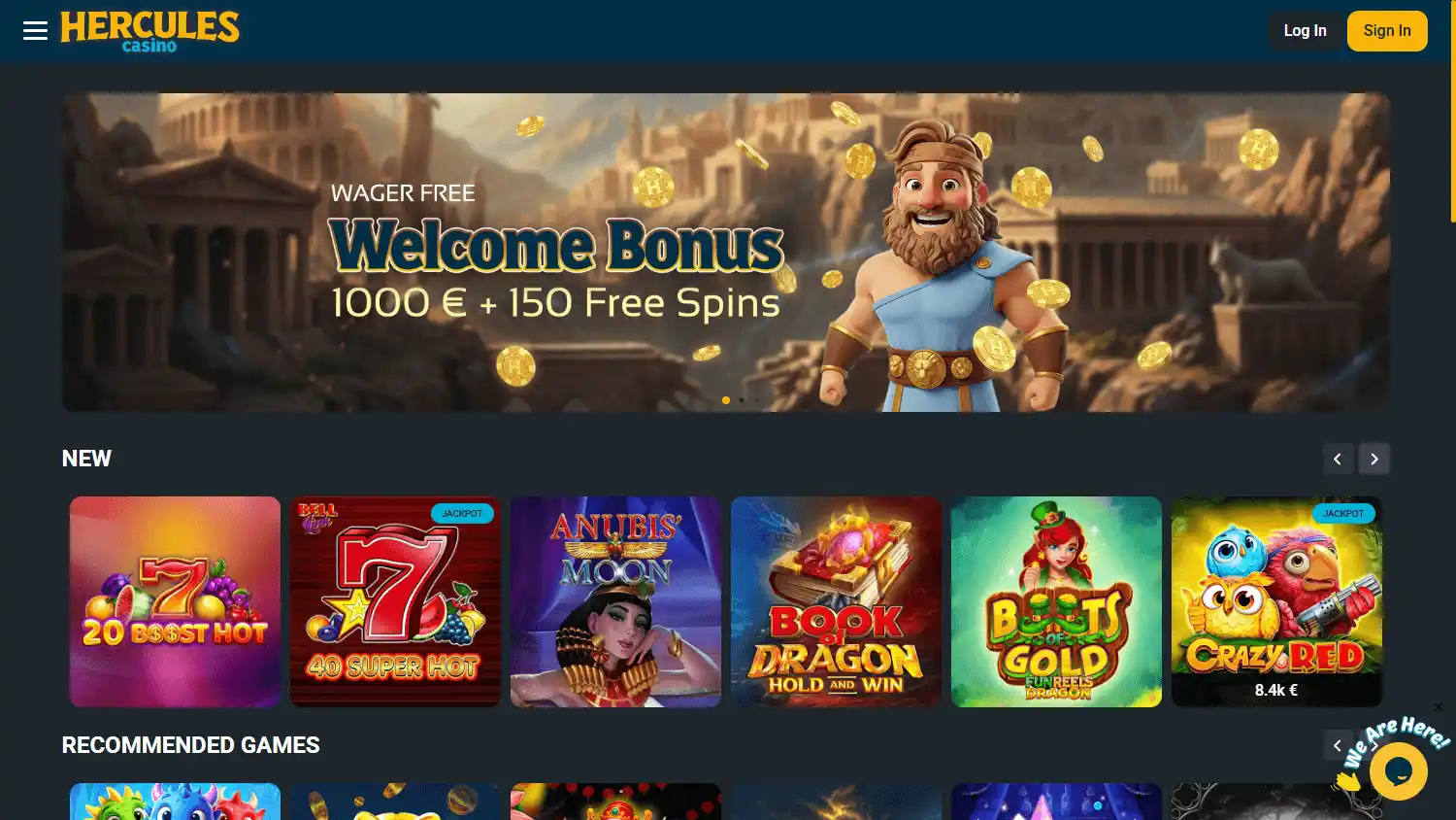 Hercules Casino homepage desktop screenshot