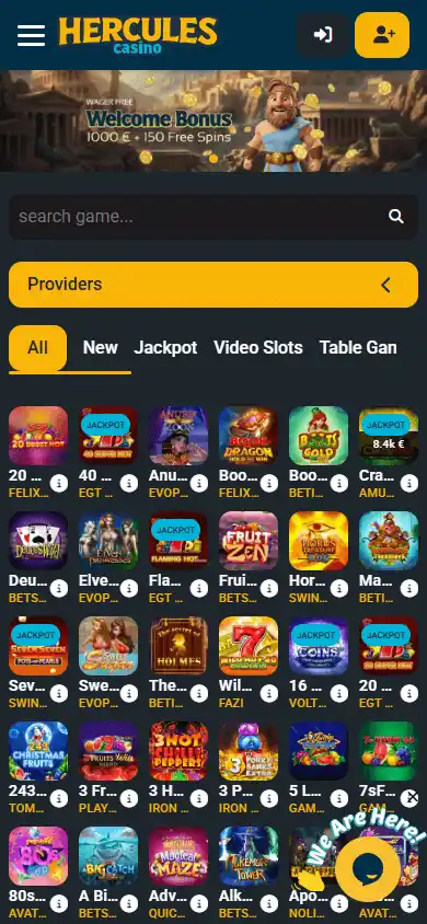 Hercules Casino games lobby mobile screenshot