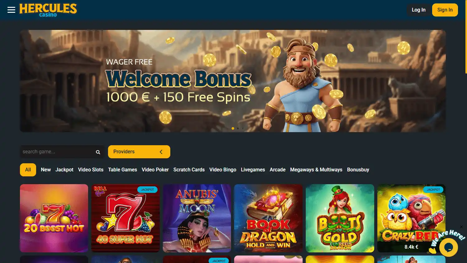Hercules Casino games lobby desktop screenshot